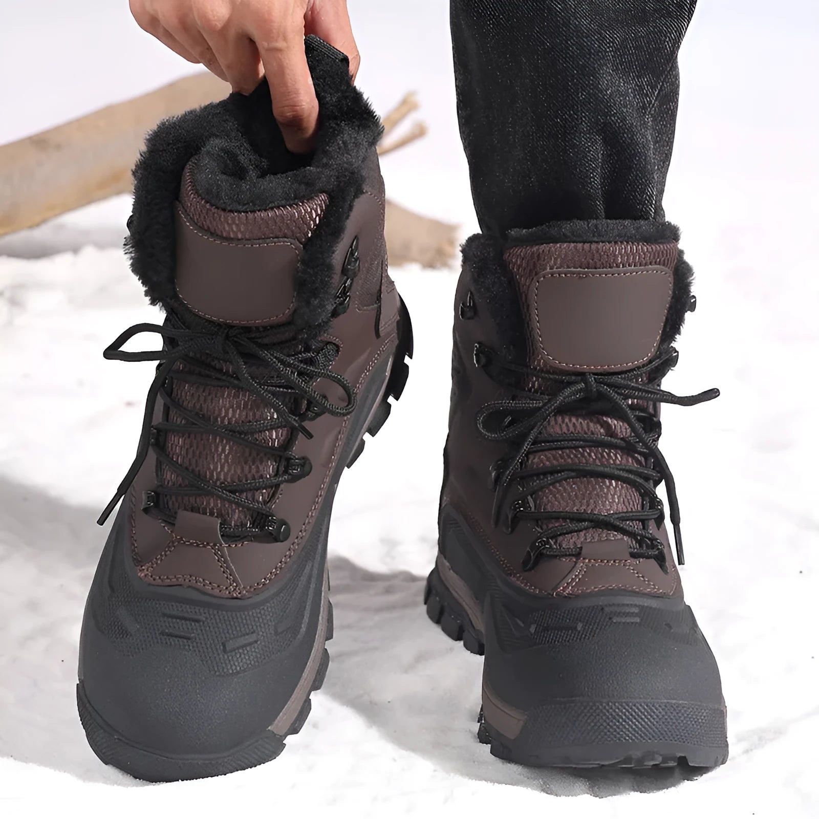 Men's black high-top lace-up boots with fleece lining, shown on a flat heel with a ribbed TPR outsole.