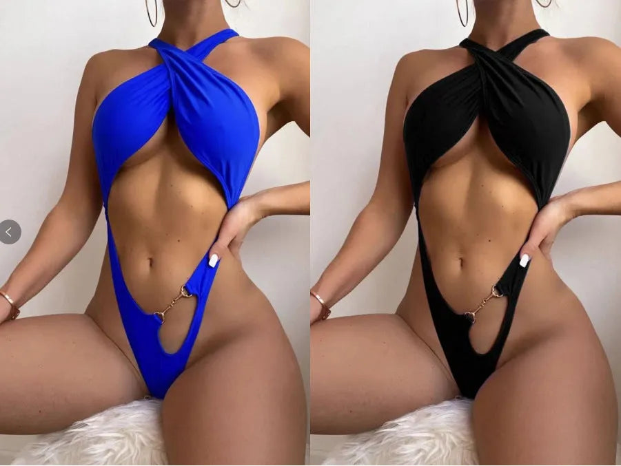 Women's solid colour one-piece swimsuit in blue or black polyester fabric