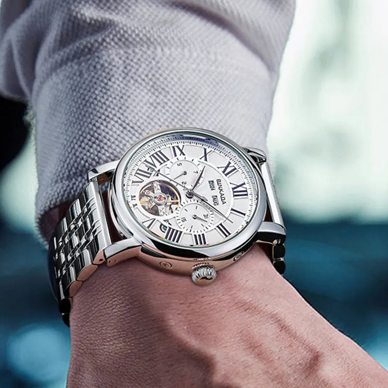 Men's automatic mechanical waterproof watch with steel bracelet in business style
