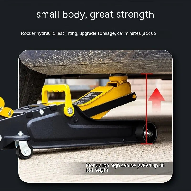 Horizontal hydraulic low profile car lifting jack with handle for tyre changes