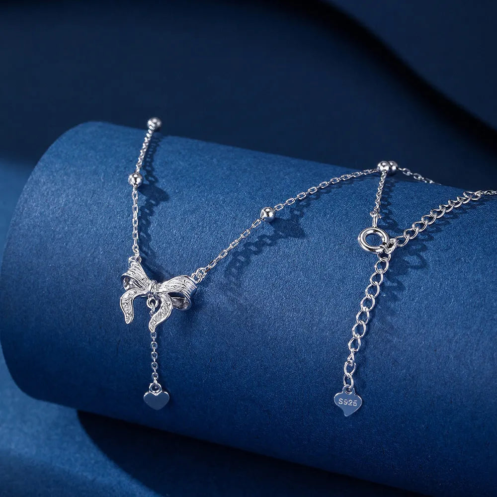 S925 sterling silver butterfly heart clavicle necklace with adjustable 40-45cm O-ring chain