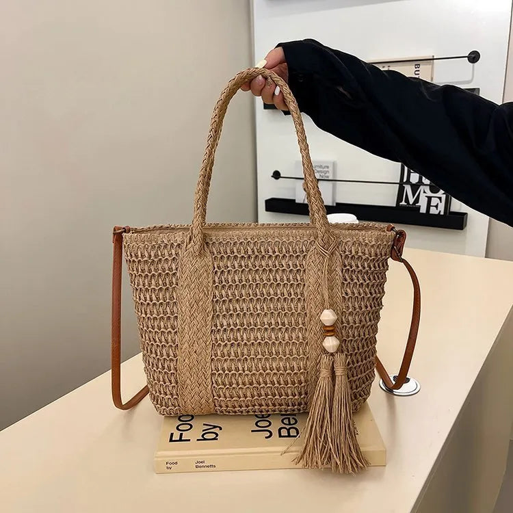 Women's woven straw crossbody bag in milky white with polyester lining and shoulder strap