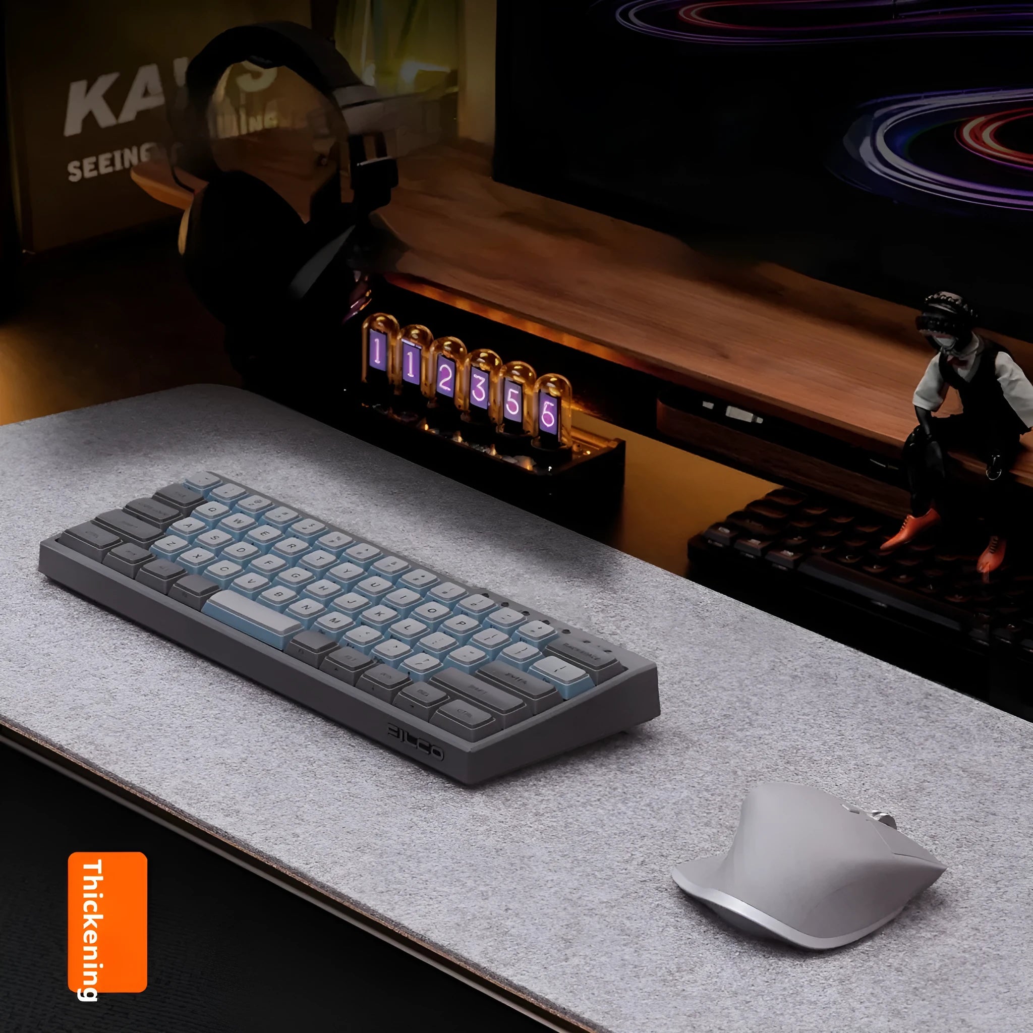 Winter warm felt cork office mouse mat with non-slip base in black and grey pattern on a desk.