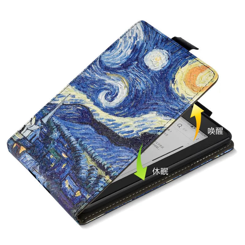 Kindle Paperwhite 6-inch protective case with integrated hand strap in a painted leather design.
