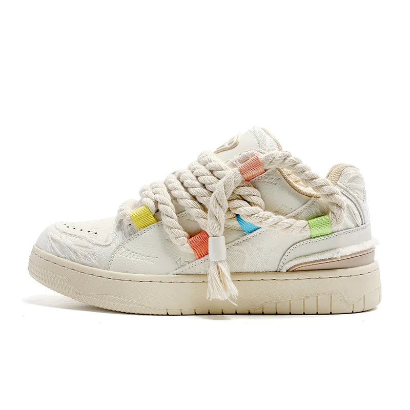 Creamy white retro skateboard shoes with old damage lace detailing and platform sole