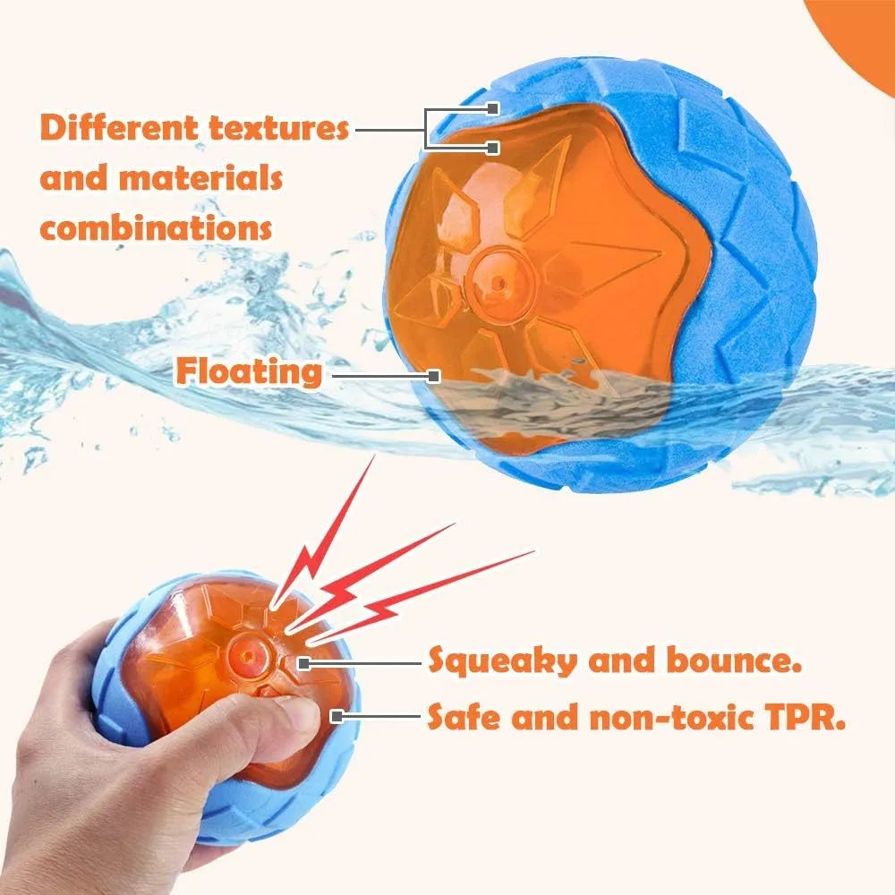 Set of three TPR dog toys: a squeaky ball, barbell, and tyre with bumpy texture for fetch and water play.