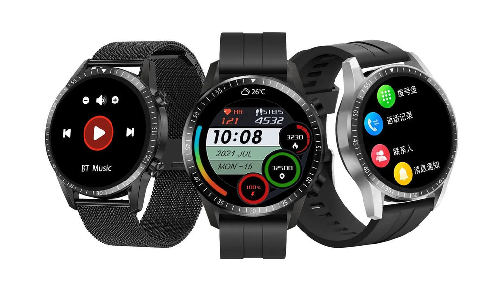 Round smart watch with aluminium alloy case showing touchscreen display with Bluetooth calling interface
