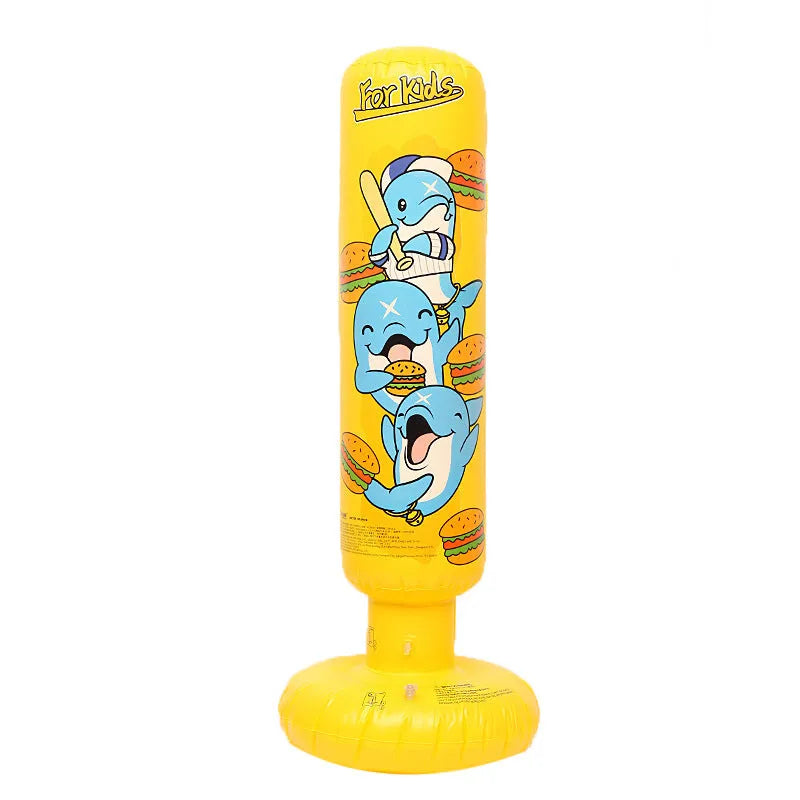 Yellow Hamburger patterned inflatable boxing column sandbag standing upright at 120cm tall.