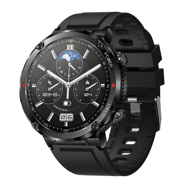 T30 Smart Watch in black on a wrist, showing its IPS touchscreen display and silicone strap.