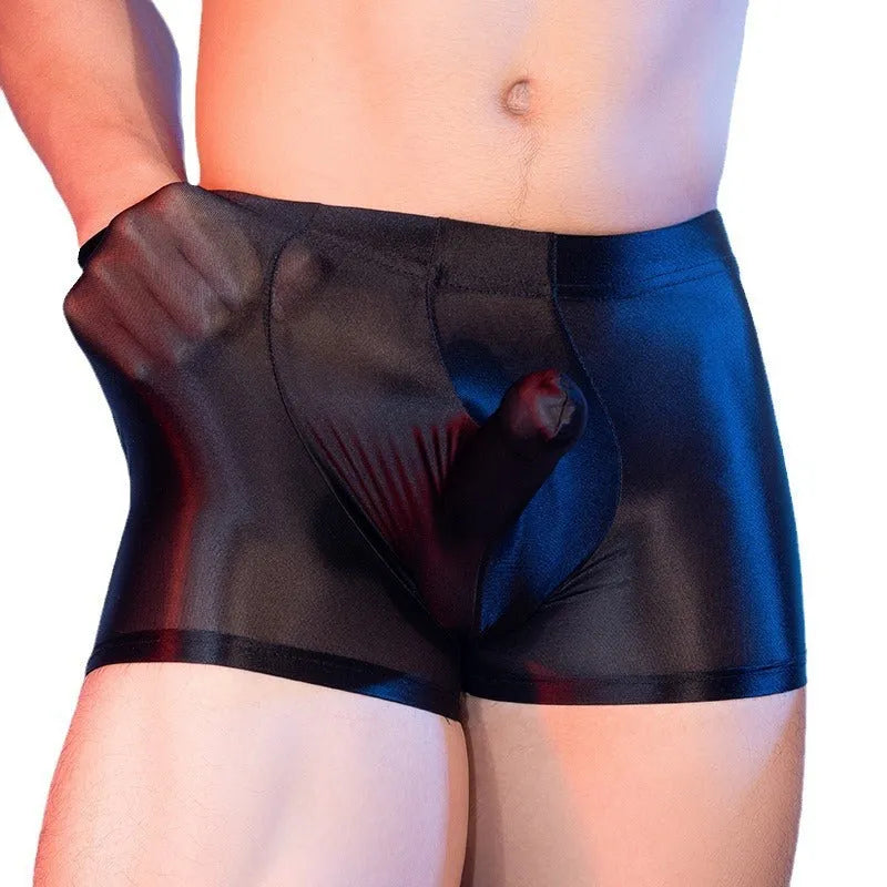 Red men's boxer shorts with elephant nose design, seamless construction, and mid waist fit