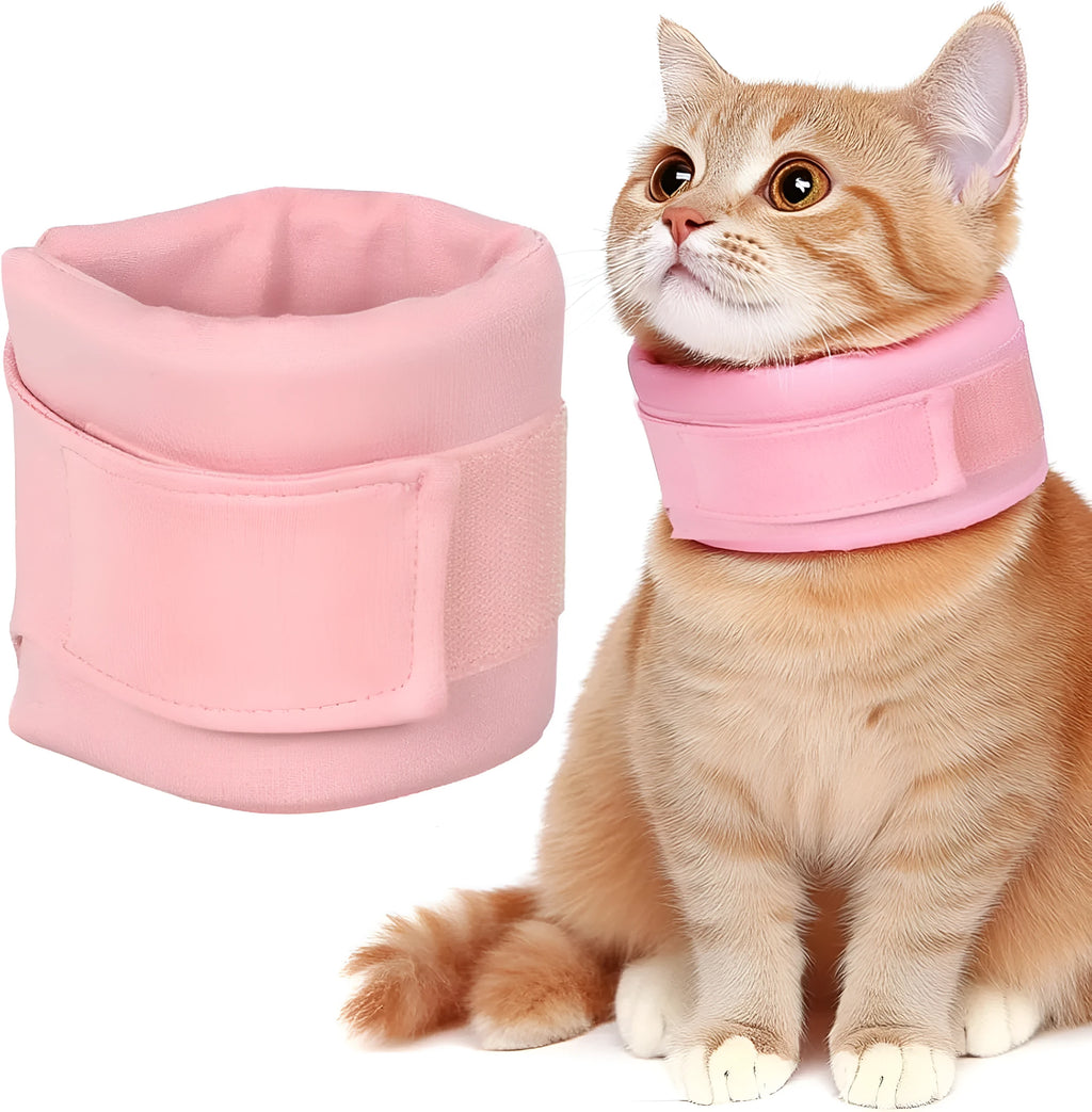 Soft grey and pink cat recovery cone collar showing four size options for post-surgery support
