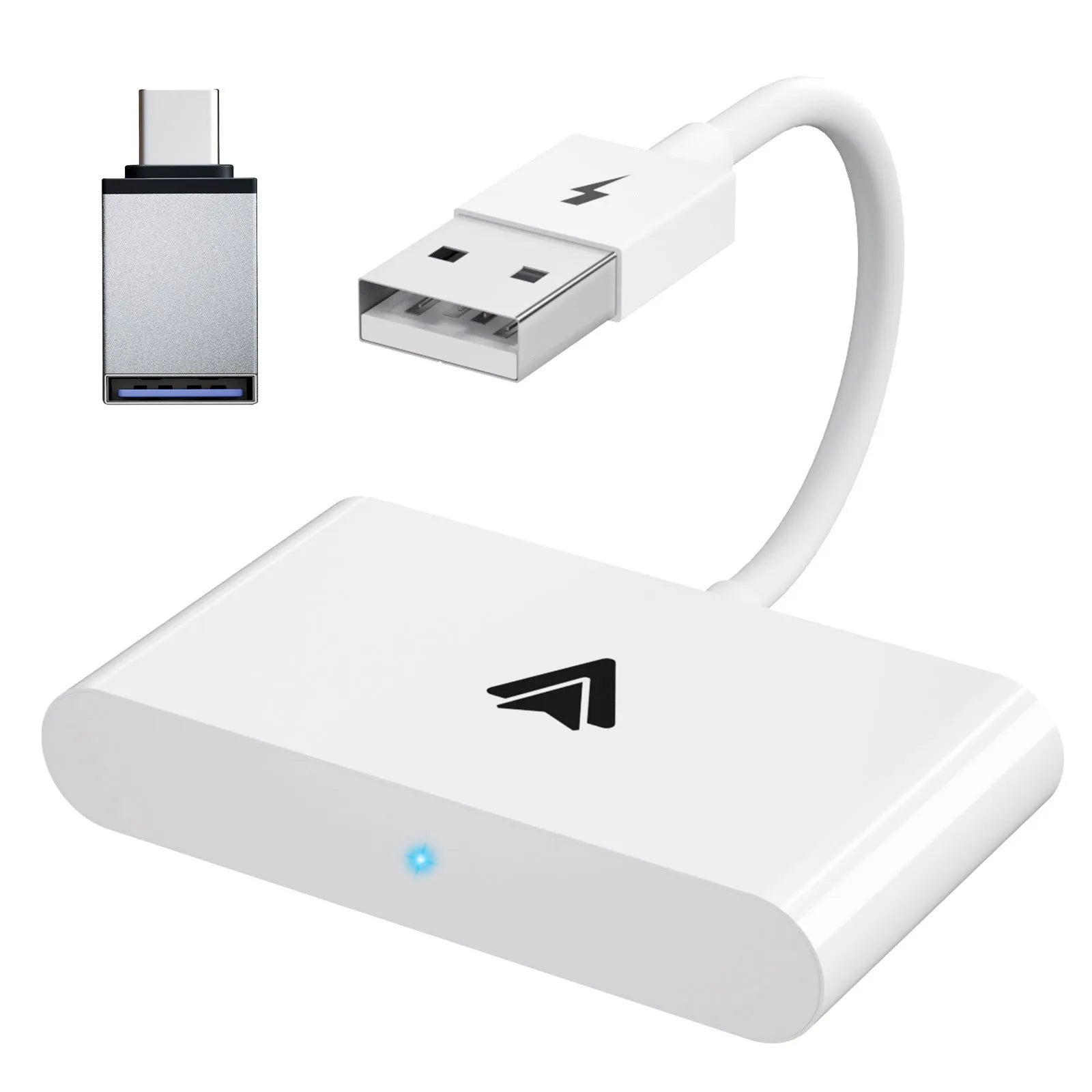 Black and white wireless Carplay adaptor for Android phones next to a car steering wheel