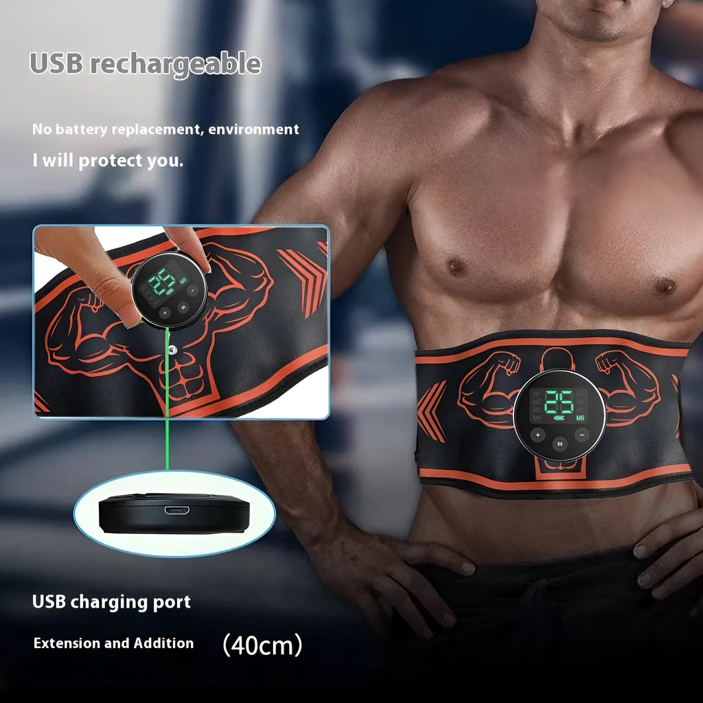 Blue and orange rechargeable EMS smart massage belt with arm electrodes on a white background.