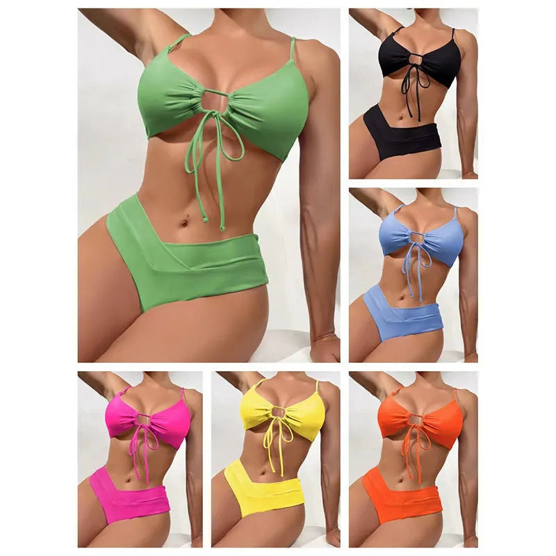 Women's orange tied bow split bikini swimsuit for swimming and wading activities