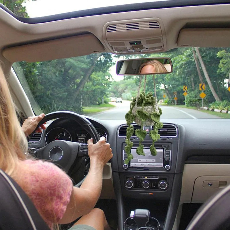 Green and white knitted wool car plant decoration with 8cm base and 25cm hanging rope