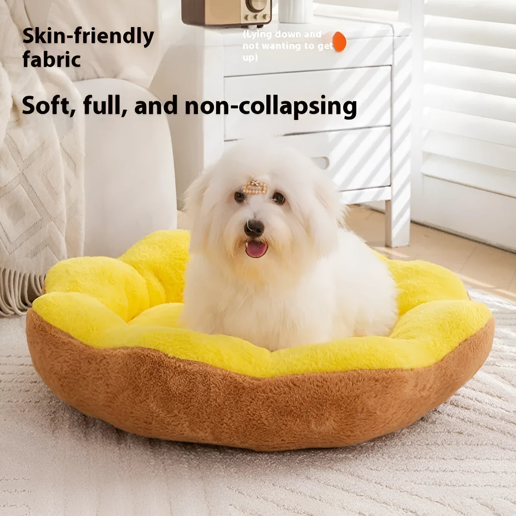 Brown grey rabbit plush round cat bed with a thick, soft texture and raised sides.