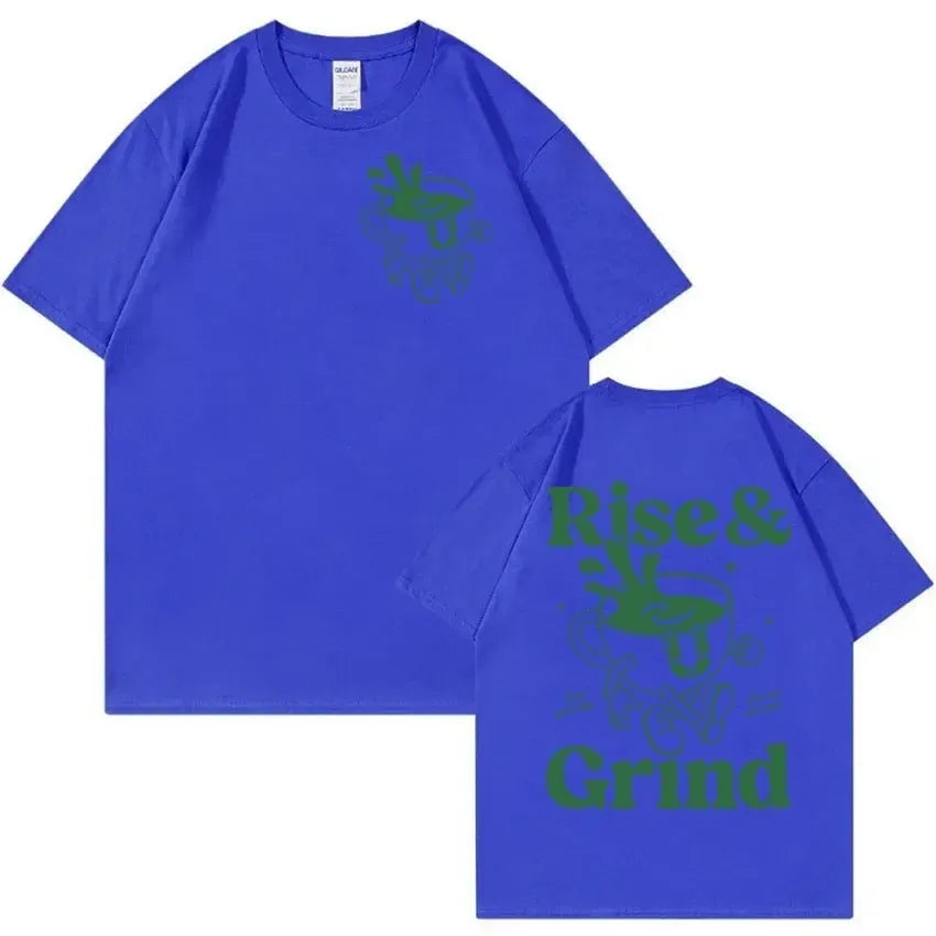 Rise And Grind Green Coffee fun expression printed on a loose-fit linen blend cartoon t-shirt.