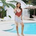 Orange floral beach overskirt and top set with hand crochet stitching details and tassel accents