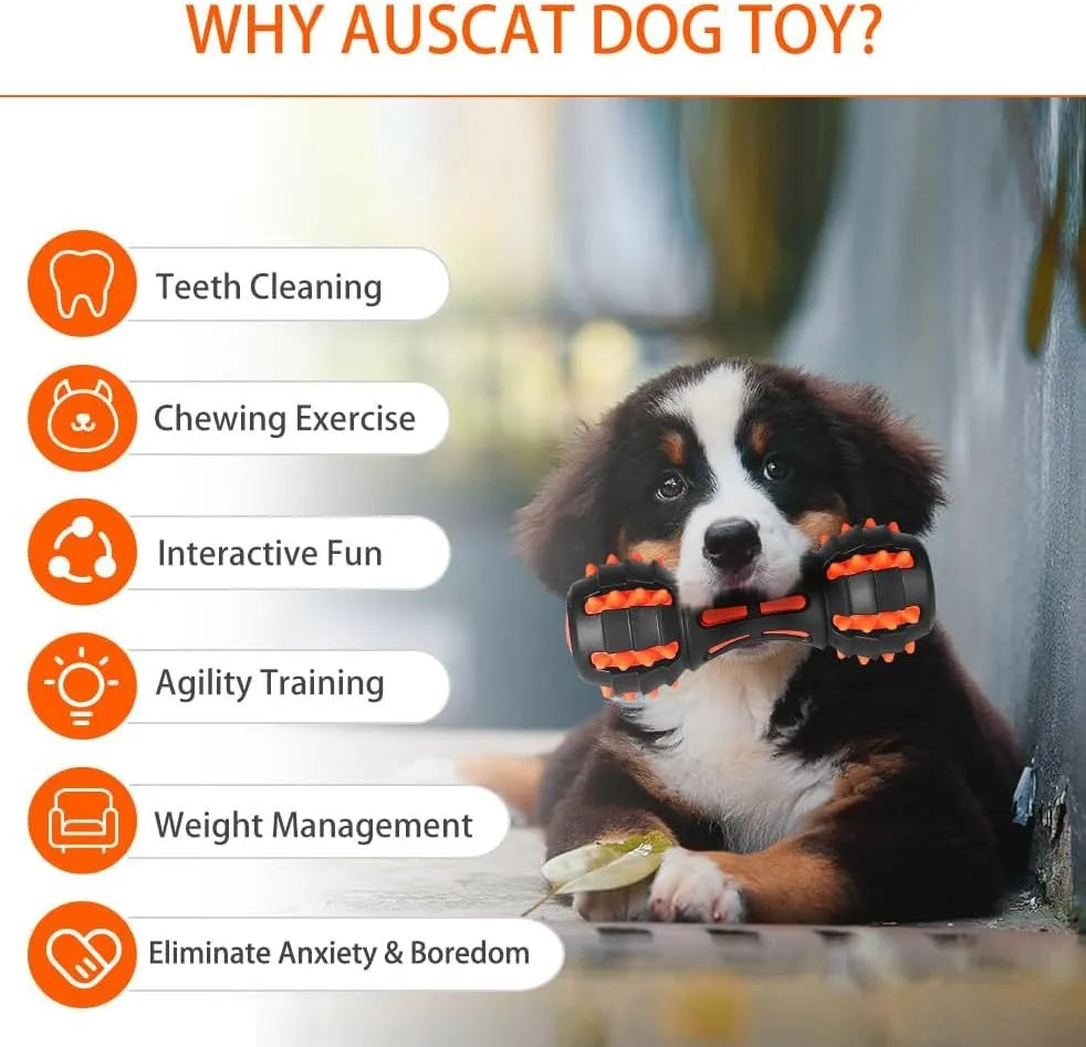 Red dumbbell-shaped dog chew toy for aggressive chewers with double-layer rubber construction