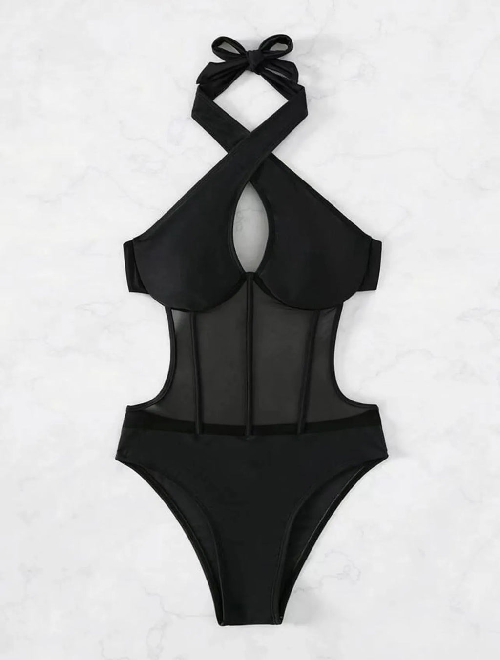 Women's black one-piece swimsuit bikini in spun yarn fabric with nylon and spandex blend