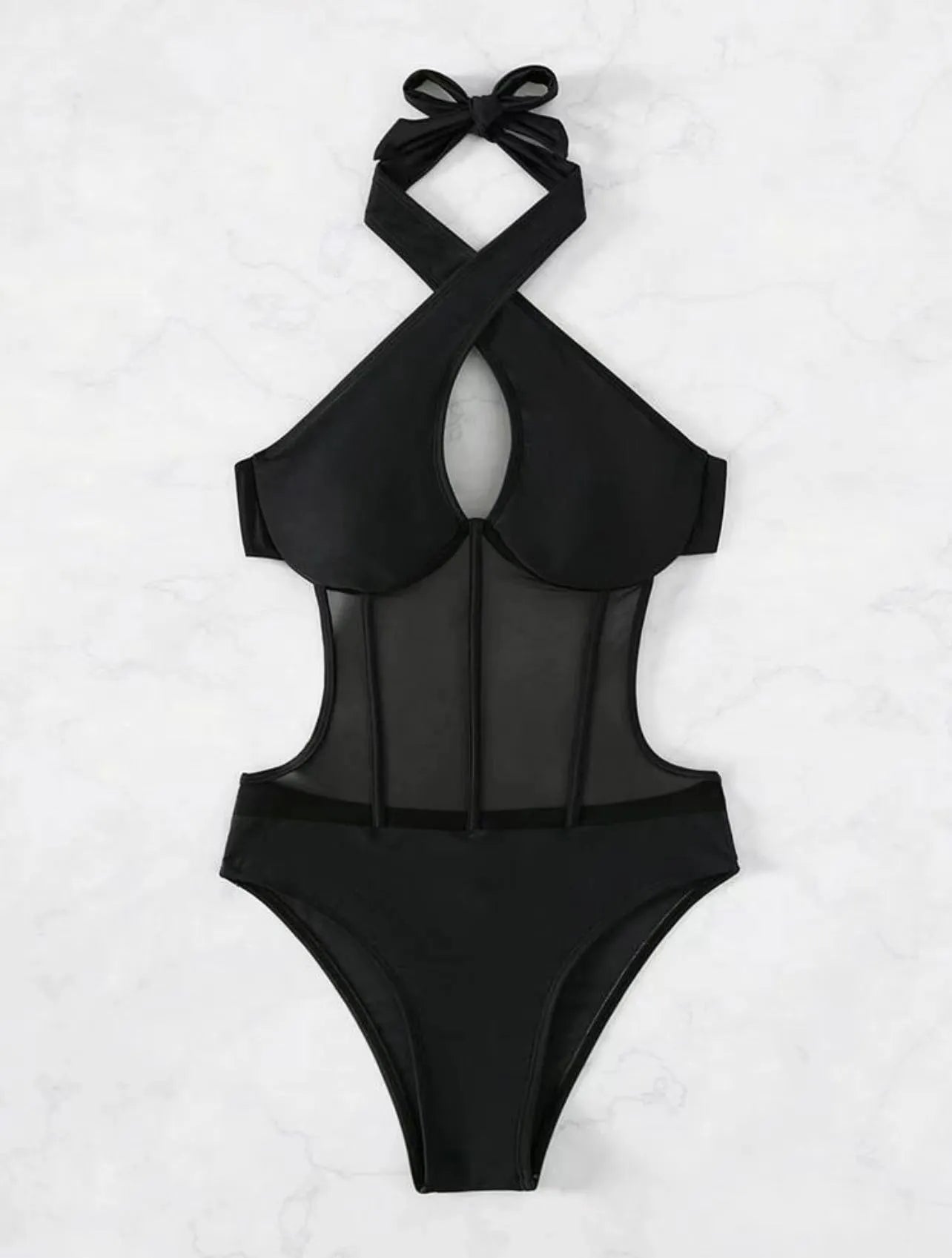 Women's black one-piece swimsuit bikini in spun yarn fabric with nylon and spandex blend