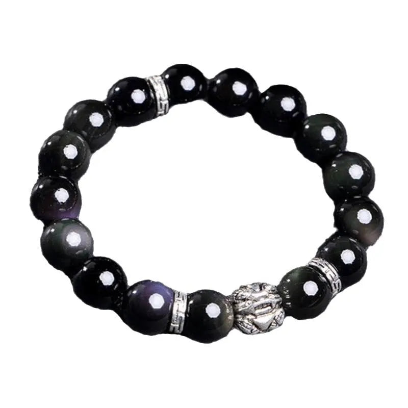 Natural obsidian and silver 999 unisex bracelet in simple style, showing 12mm and 10mm size options.