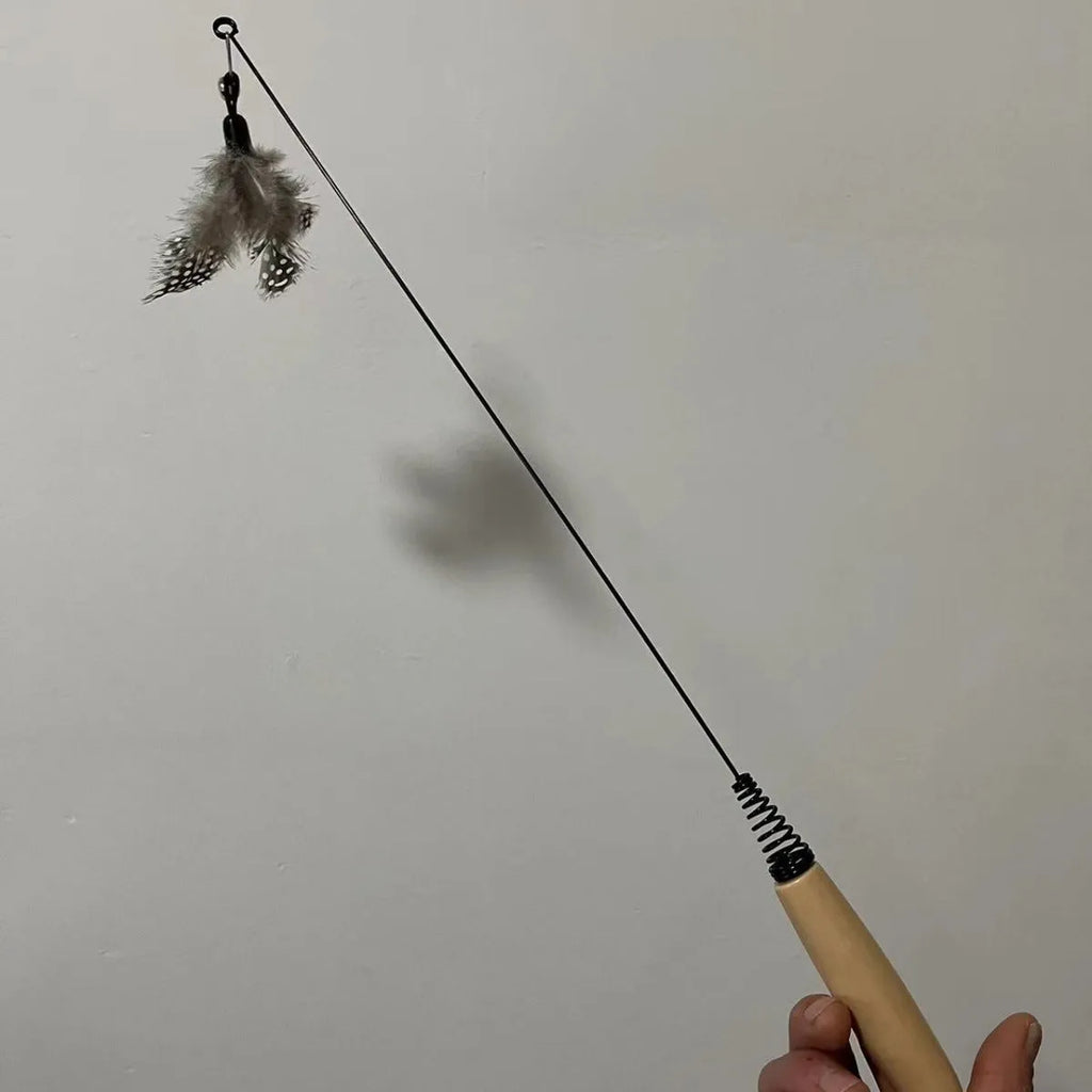 Wooden handle cat teasing stick with attached feather bell toy and three spare replacement heads.
