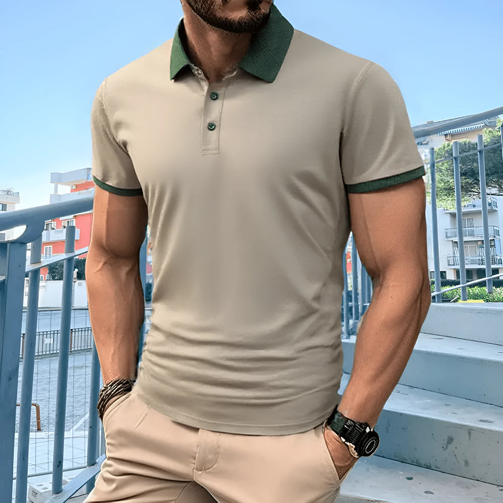 Men's short sleeve polo shirt with flocking print in ice silk fabric available in multiple colours