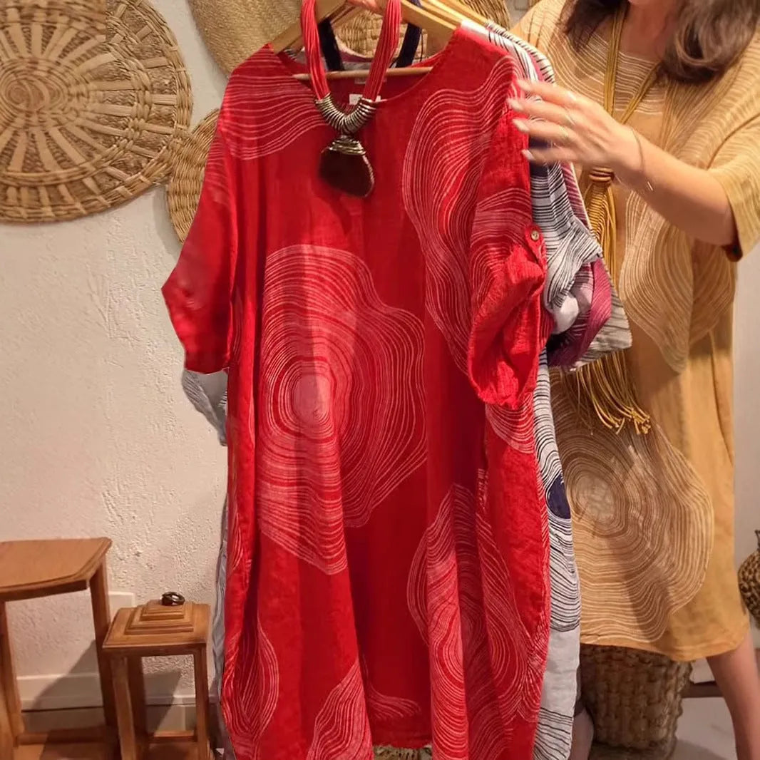 Women's round neck abstract print sleeve dress with A-line skirt in red, white, burgundy, apricot, light green, orange