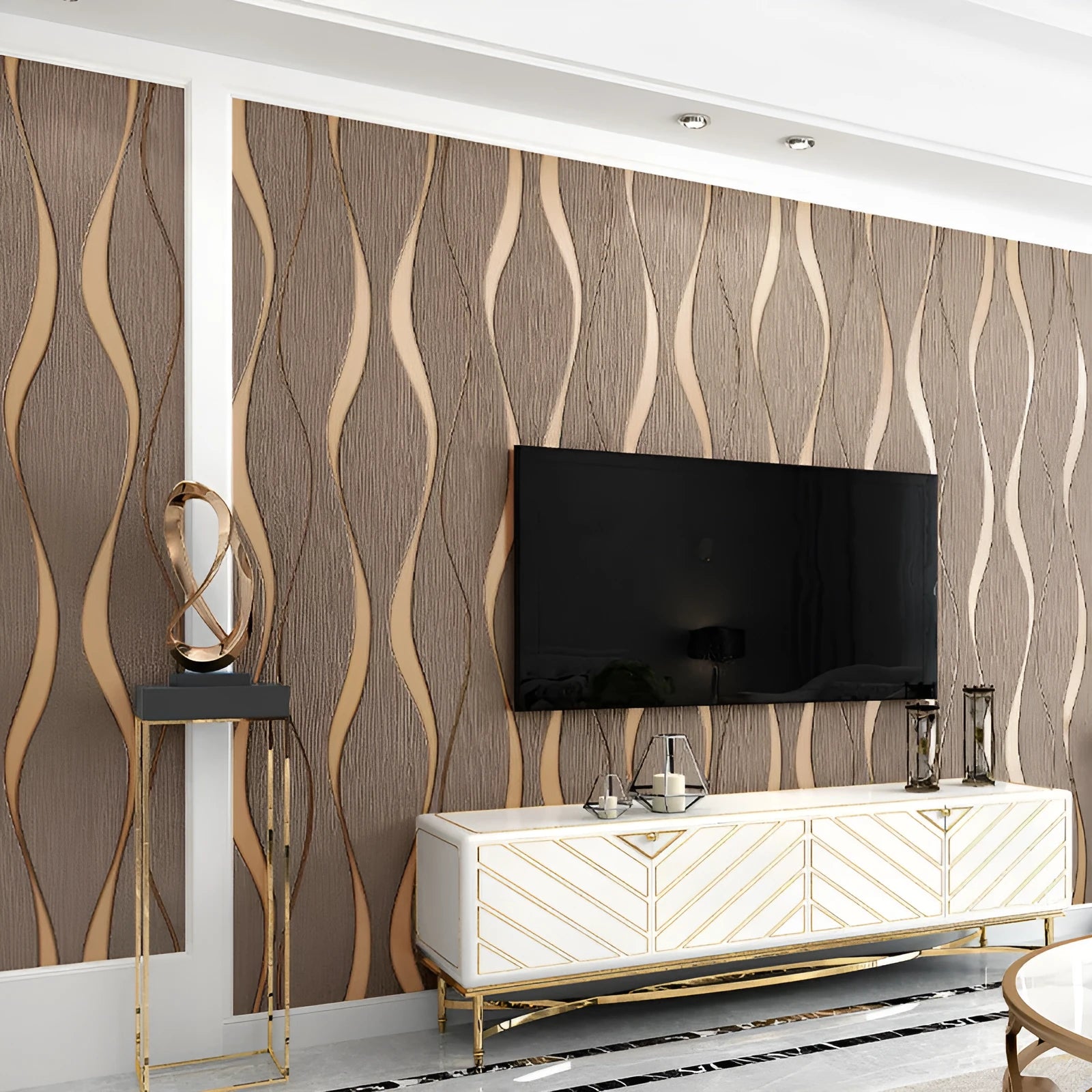 Close-up of textured curve stripe pattern on dark brown 3D decorative wallpaper roll.