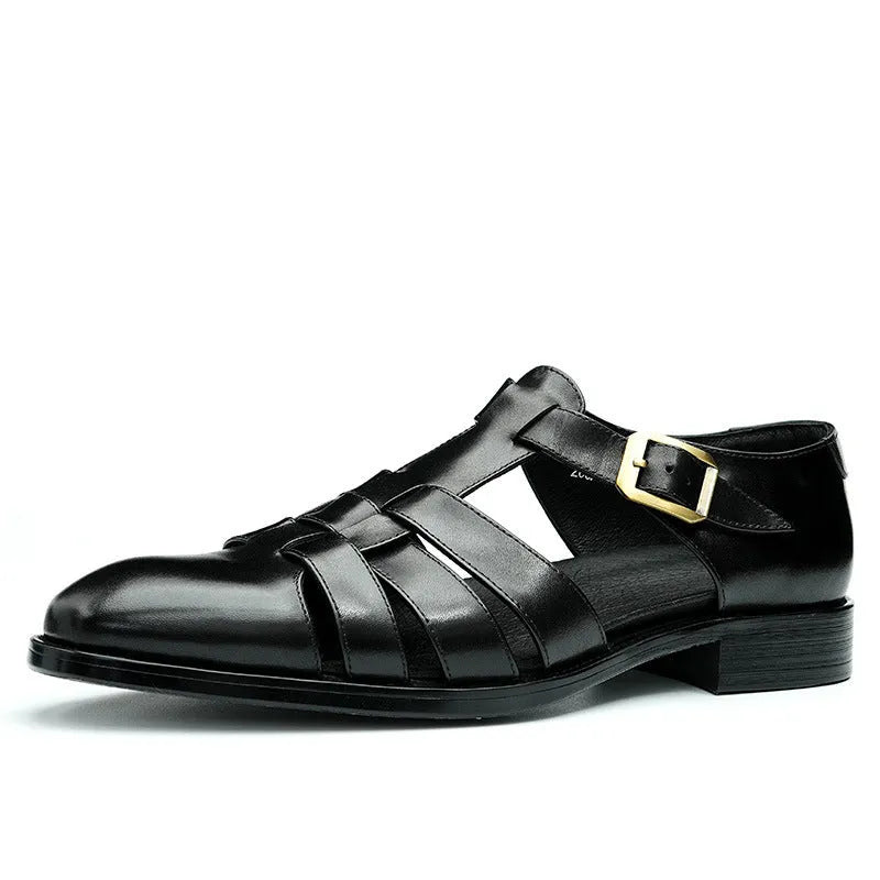 Men's black genuine leather retro business sandals with rubber sole showing size tag