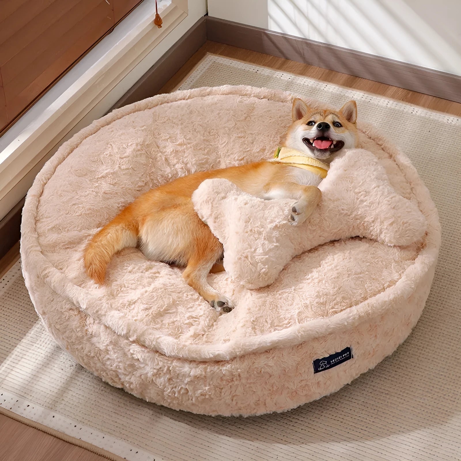 Round nest pet bed with removable cloth cover in milk tea colour