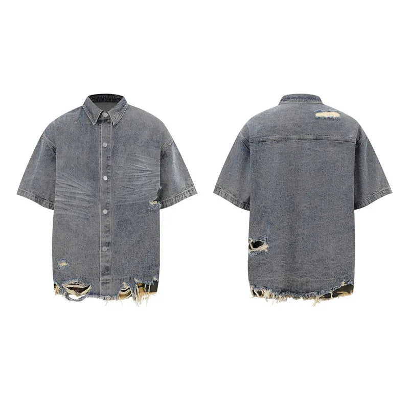 Leopard print denim short sleeve jacket and matching shorts with cut edge stitching detail