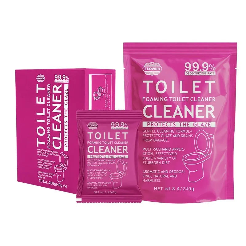 Toilet bubble effervescent cleaning powder in blue ocean and pink floral scents, showing large bag and box of sachets.