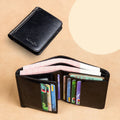 Men's brown leather bifold wallet open to show card slots, coin pocket, and banknote compartment.