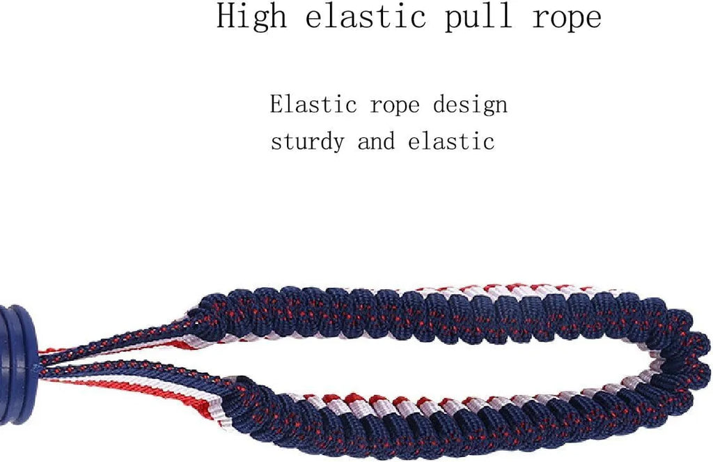 Blue dog ball with rope toy for tug-of-war and teeth cleaning, shown next to a red one.