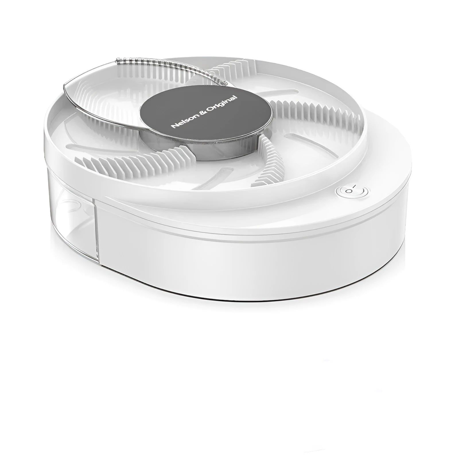 Black and white electric fly trap with USB cable and bait, showing the fly cage.