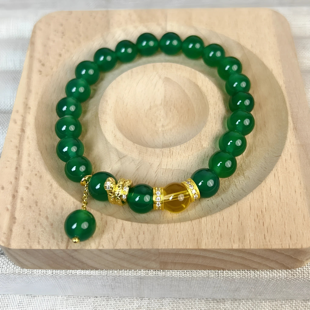 Green chalcedony and red agate wealth snake bracelet with copper links, geometric unisex design