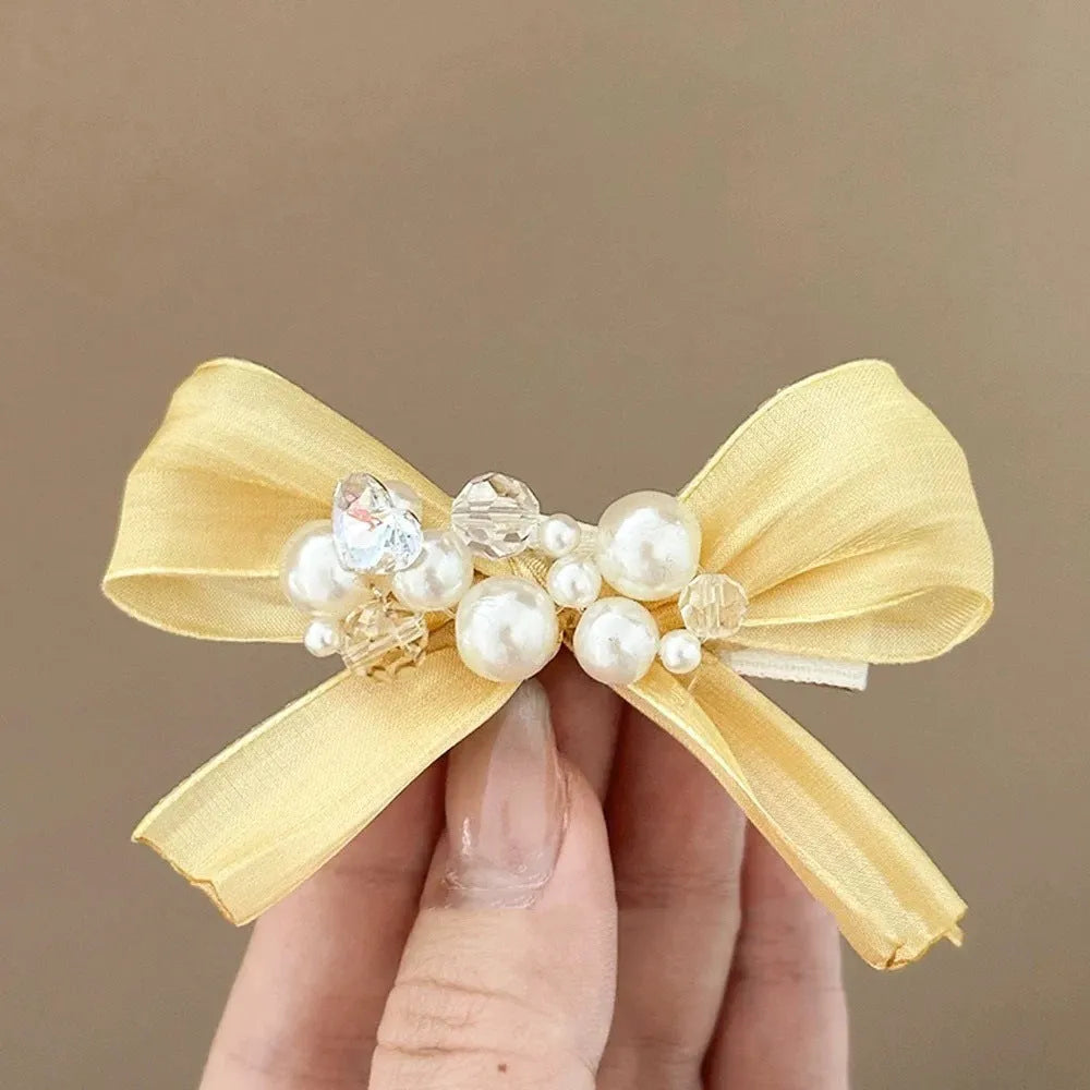 Yellow fabric bow barrettes with rhinestone pearl duckbill clip hair accessories