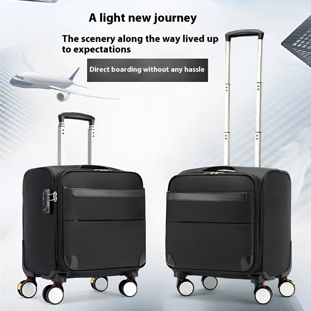 Black 18 inch Oxford cloth business suitcase with telescopic handle and wheels.