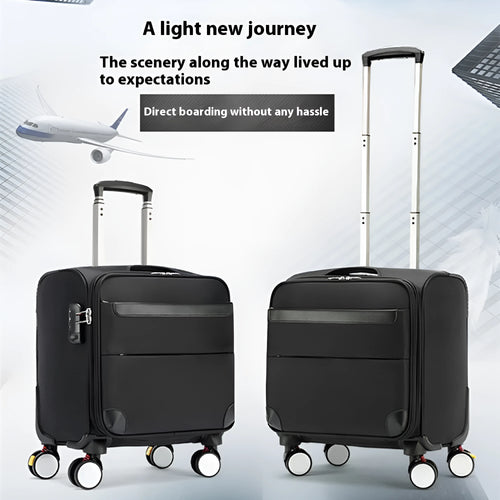 Black 18 inch Oxford cloth business suitcase with telescopic handle and wheels.
