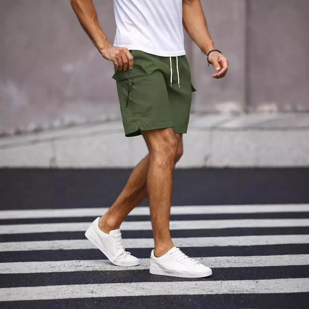 Men's loose fit workwear shorts in fluorescent green and army green colours