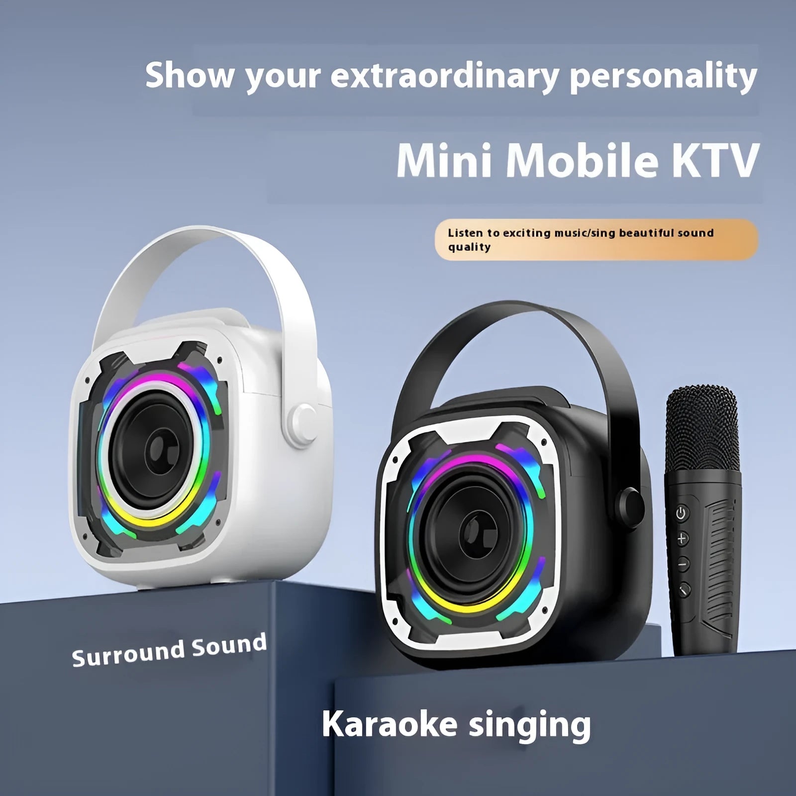 Portable wireless Bluetooth karaoke speaker with integrated microphone in V11 colours