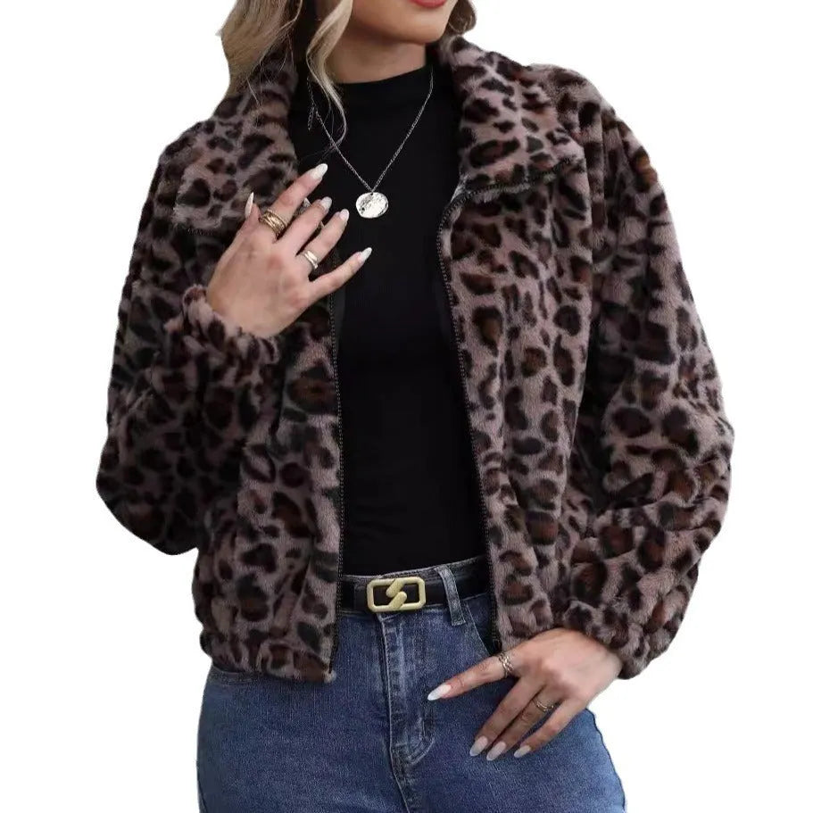 Women's loose fit leopard print plush coat with zip front and raglan sleeves.