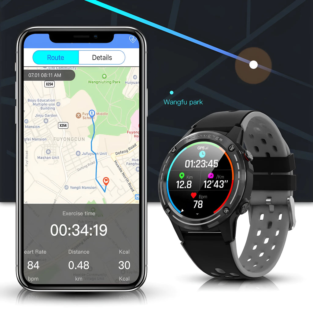 GPS smart watch with colour screen and blue silicone strap on a wrist