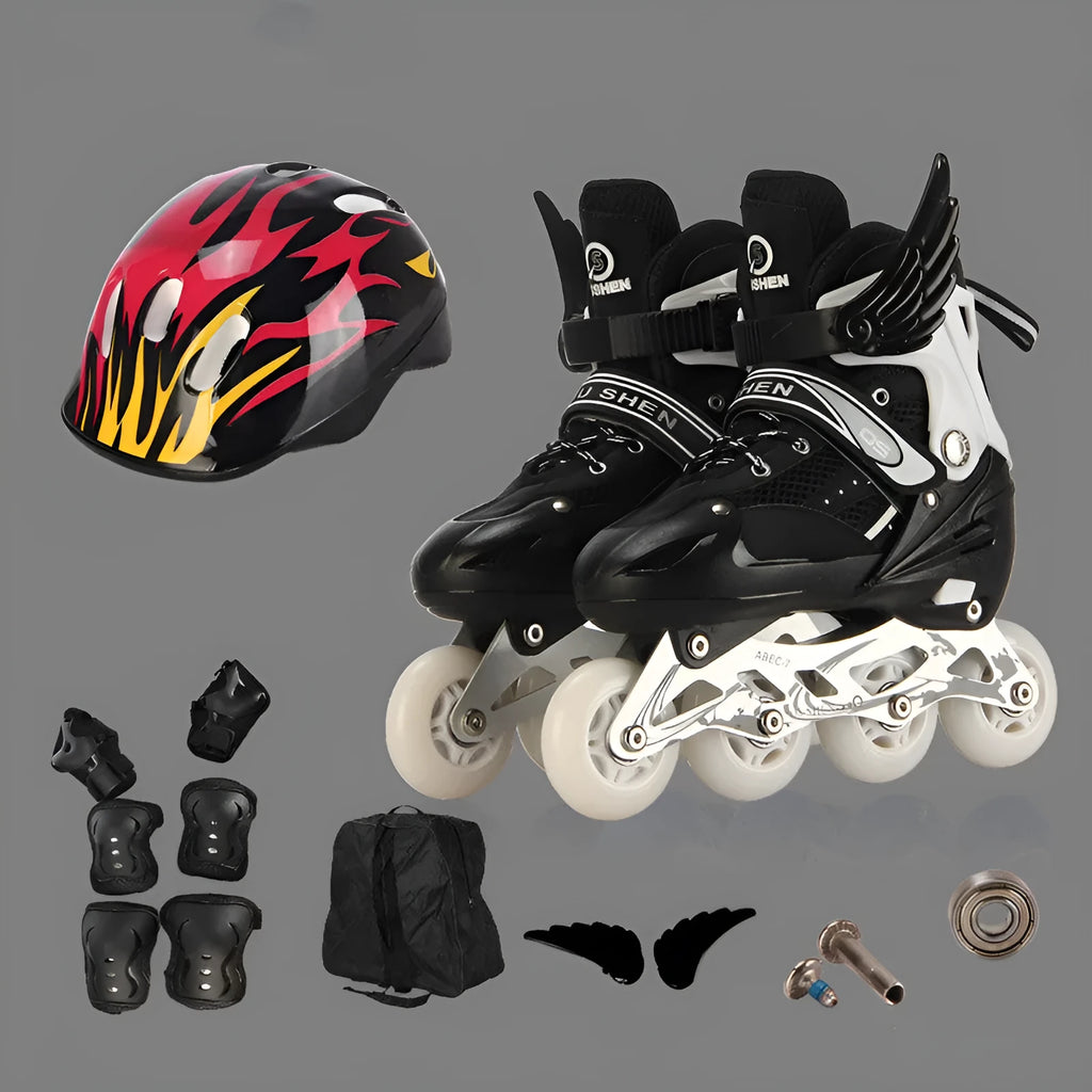 Children's adjustable roller skates with aluminium frame, PU foam wheels, and complete protective gear set in multiple colours