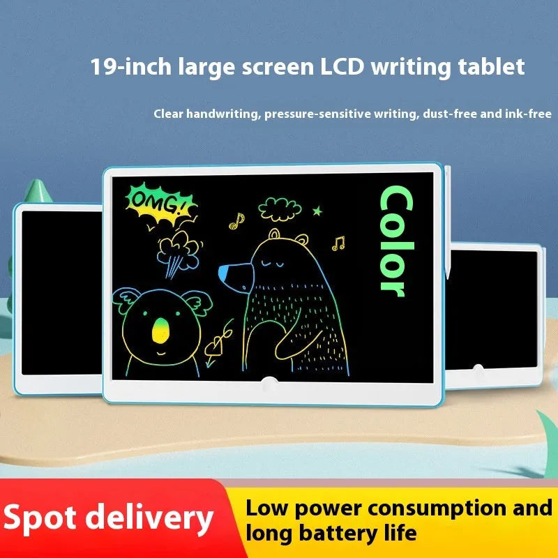19-inch LCD children's drawing board in blue and white colour on a table.