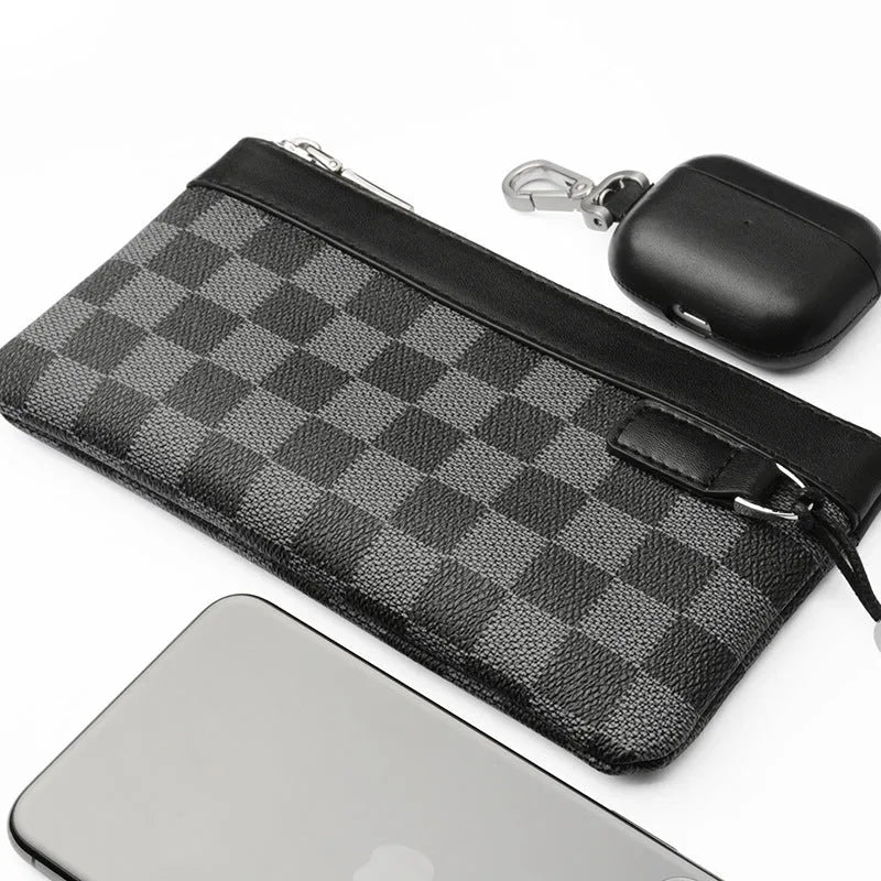 Black men's clutch wallet made of cowhide leather, shown with dimensions 20cm by 10cm.