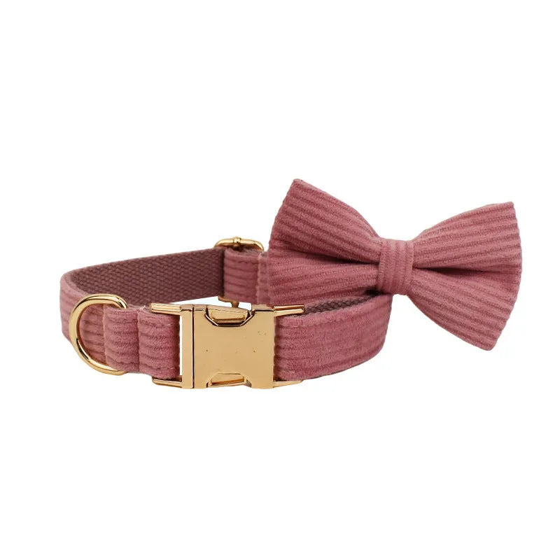 Corduroy dog collar and leash set with matching red bow, vest, and poop bag holder for small to large dogs.