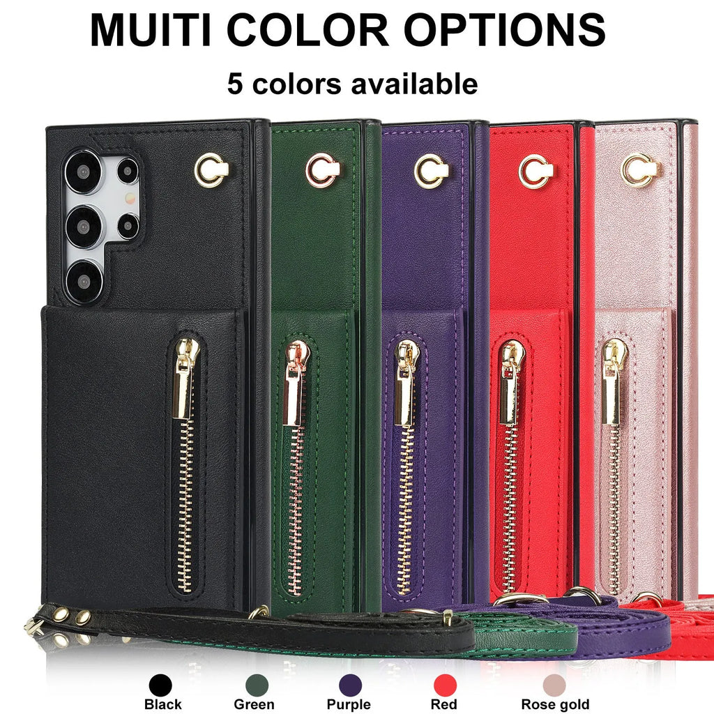Leather Samsung phone case with crossbody strap and zippered card slot in various colours.
